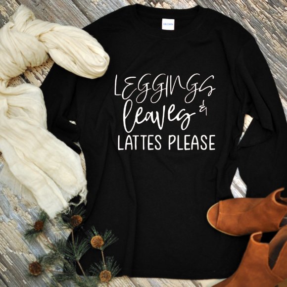 LEGGINGS LEAVES AND LATTES PLEASE LONG SLEEVE TEE - Picture 1 of 3